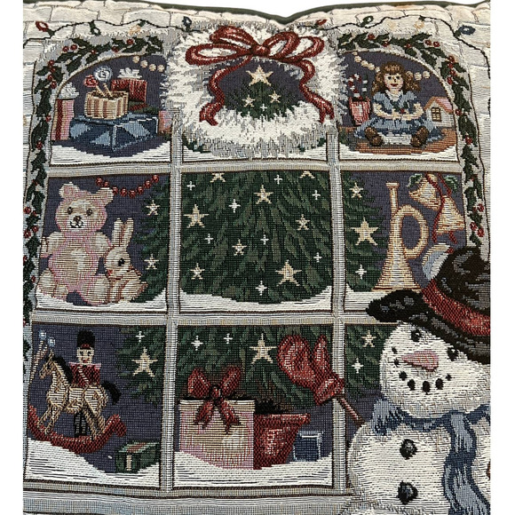 VTG Riverdale Window Scene Christmas Tree & Snowman Tapestry Needlepoint Pillow - Picture 2 of 5